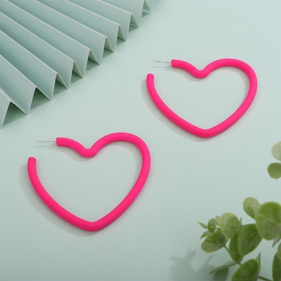 Neon pink lightweight sterling silver hoop earrings with heart pendant, retro st - Picture 4 of 6